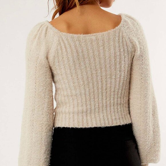 Free People Katie Pullover Cropped Peasant Sweater -Sand Dollar Cream /Size L - Picture 2 of 4